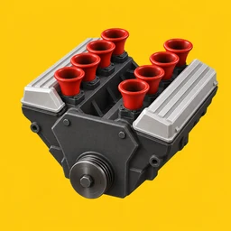Engine Simulator 앱 아이콘: 노란 배경에 빨간 흡기구가 있는 V8 엔진